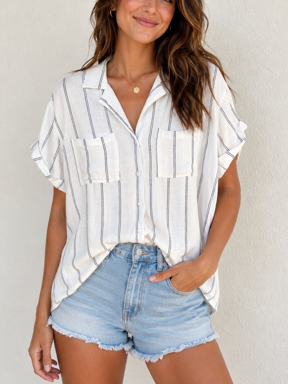 Thread & Supply White Black Striped Button Front Camp Shirt Pocket Top Preppy S